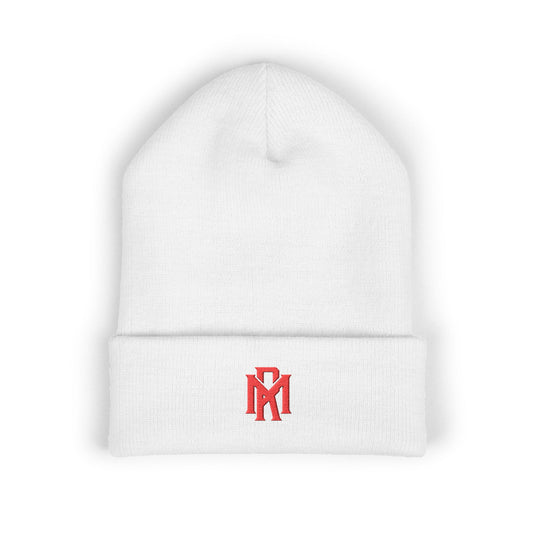 Embroidered Red Monogram Cuffed Beanie — Classic Knit Winter Hat