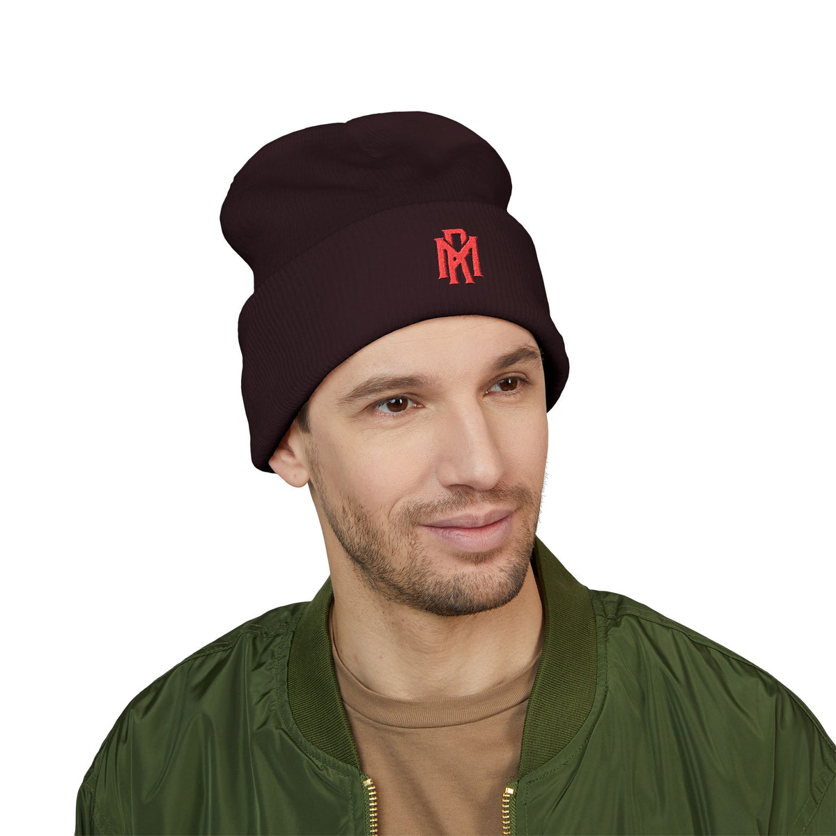 Embroidered Red Monogram Cuffed Beanie — Classic Knit Winter Hat