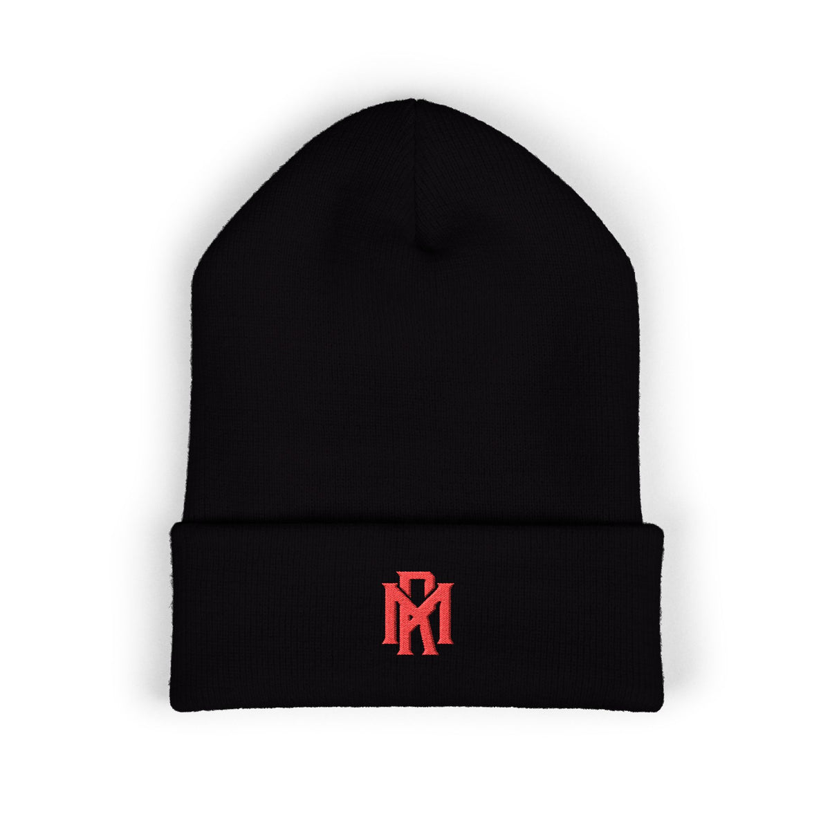 Embroidered Red Monogram Cuffed Beanie — Classic Knit Winter Hat