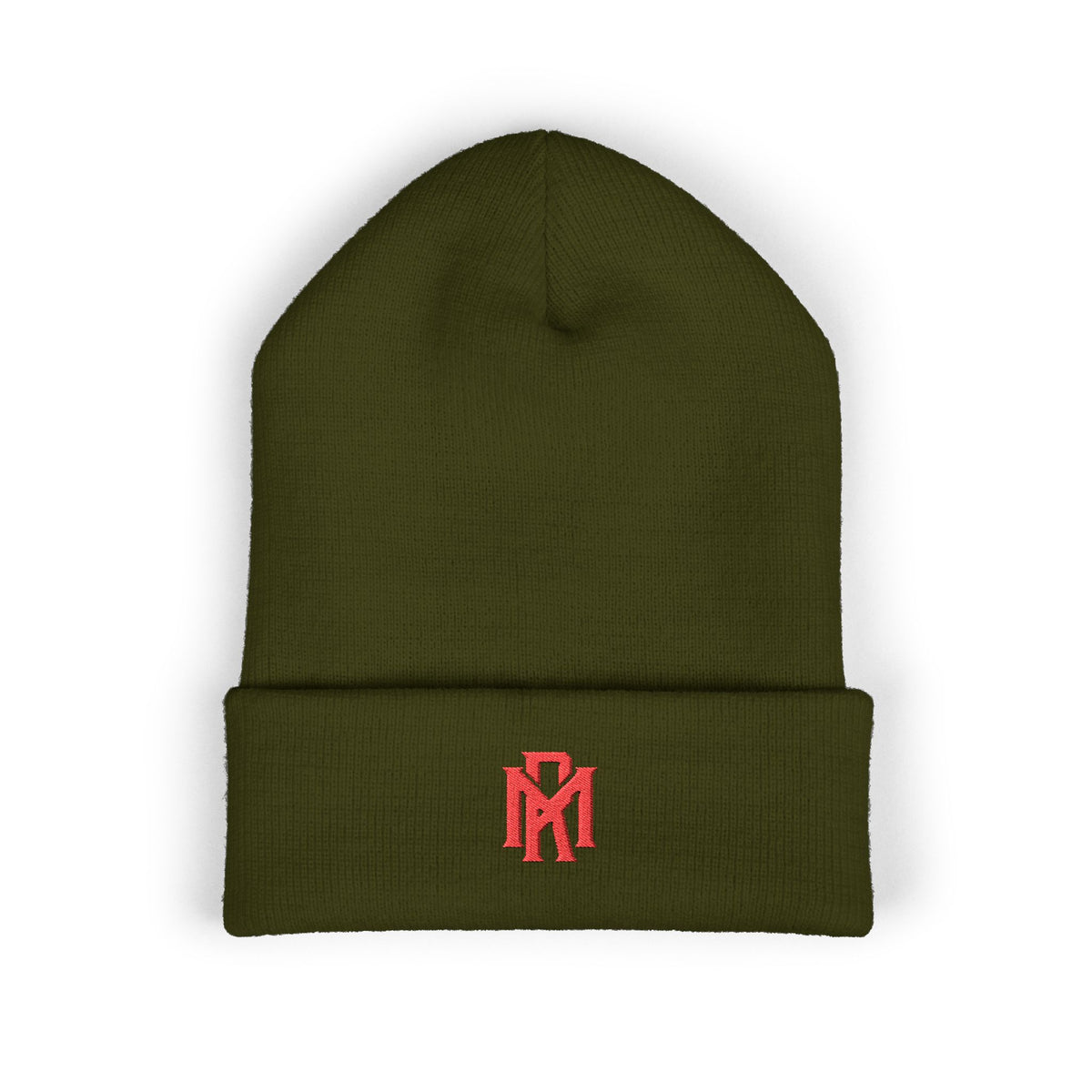 Embroidered Red Monogram Cuffed Beanie — Classic Knit Winter Hat