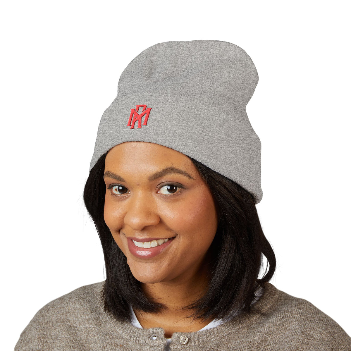 Embroidered Red Monogram Cuffed Beanie — Classic Knit Winter Hat