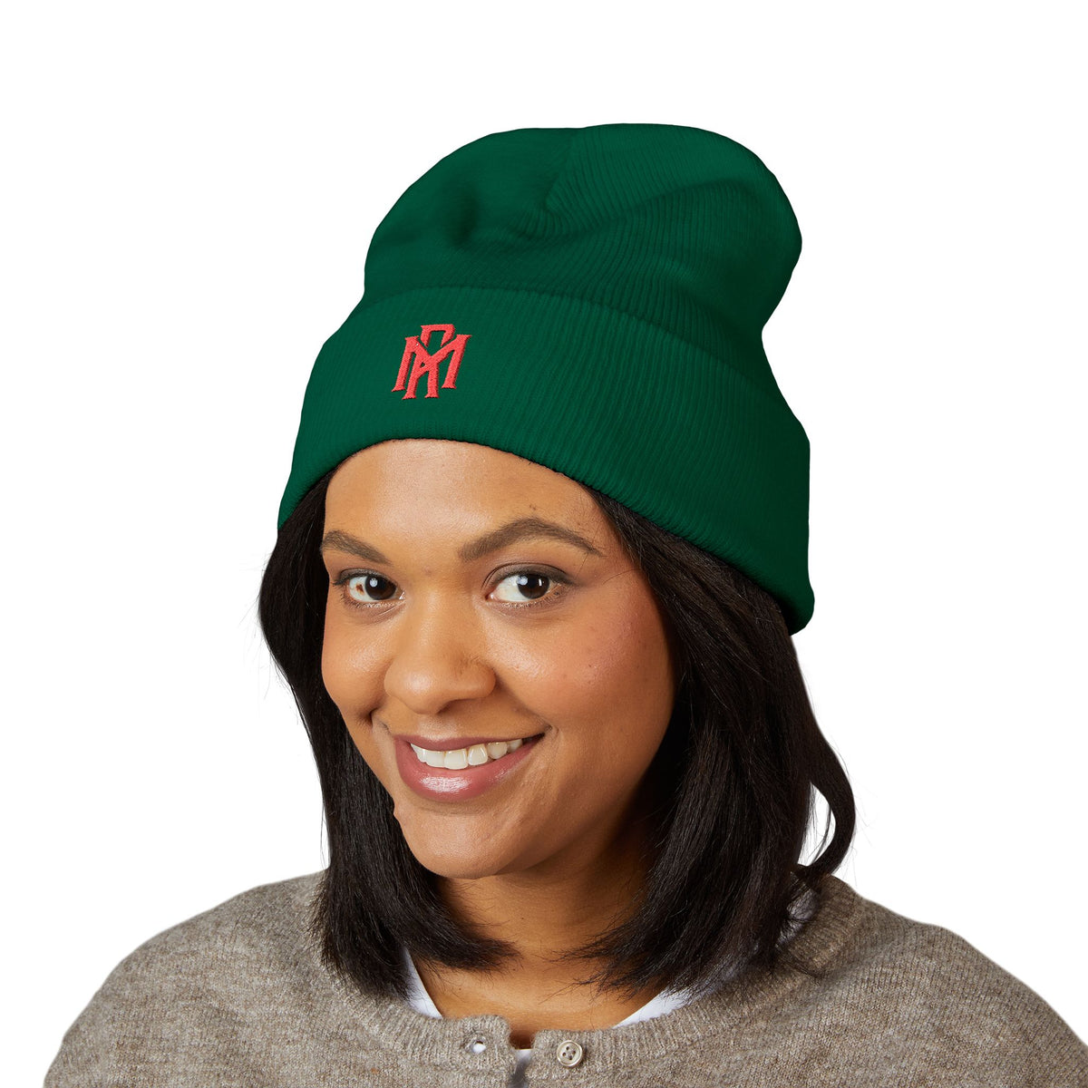 Embroidered Red Monogram Cuffed Beanie — Classic Knit Winter Hat