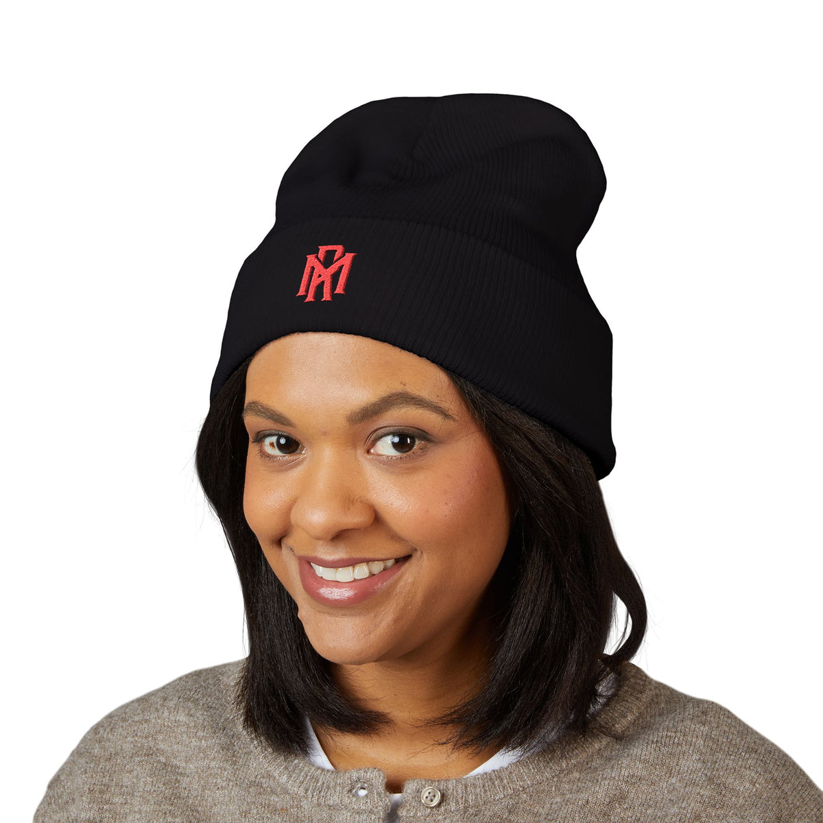 Embroidered Red Monogram Cuffed Beanie — Classic Knit Winter Hat