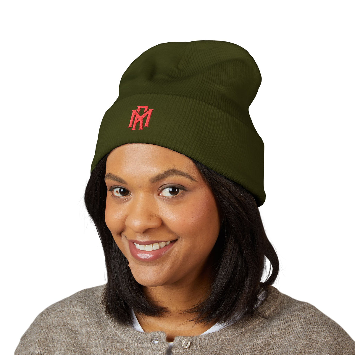 Embroidered Red Monogram Cuffed Beanie — Classic Knit Winter Hat