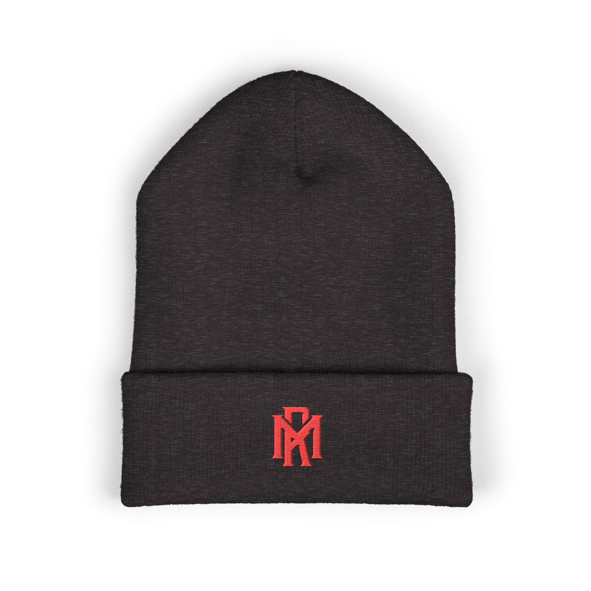 Embroidered Red Monogram Cuffed Beanie — Classic Knit Winter Hat