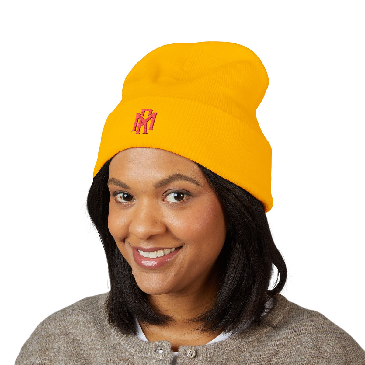 Embroidered Red Monogram Cuffed Beanie — Classic Knit Winter Hat