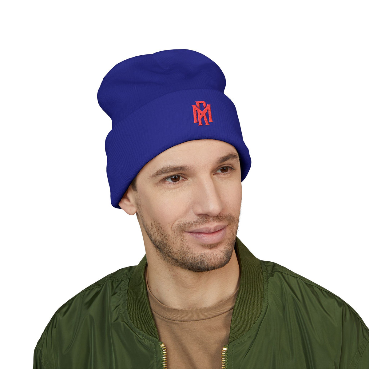 Embroidered Red Monogram Cuffed Beanie — Classic Knit Winter Hat