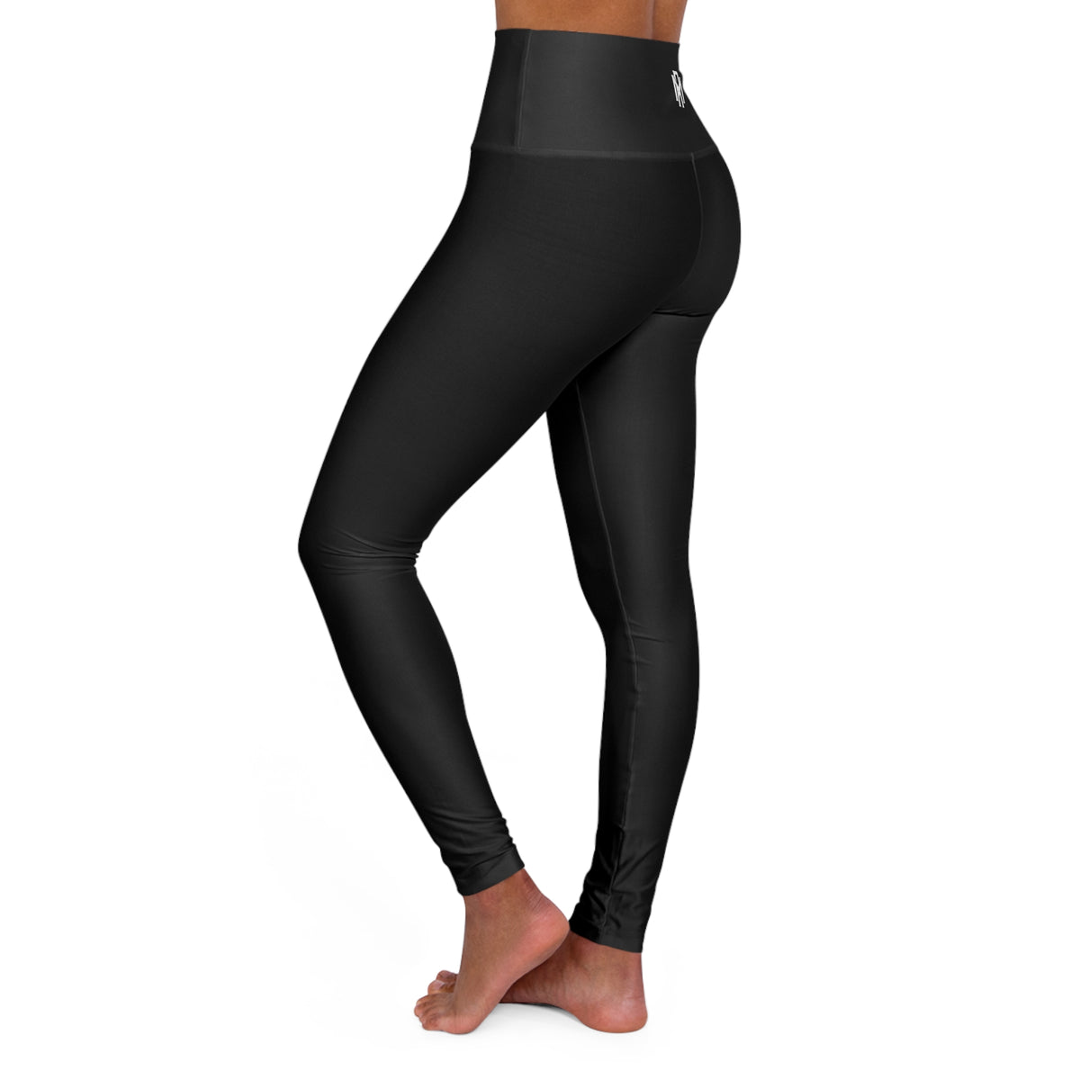 High-Waisted Black Yoga Leggings with Subtle Logo — Compression Activewear