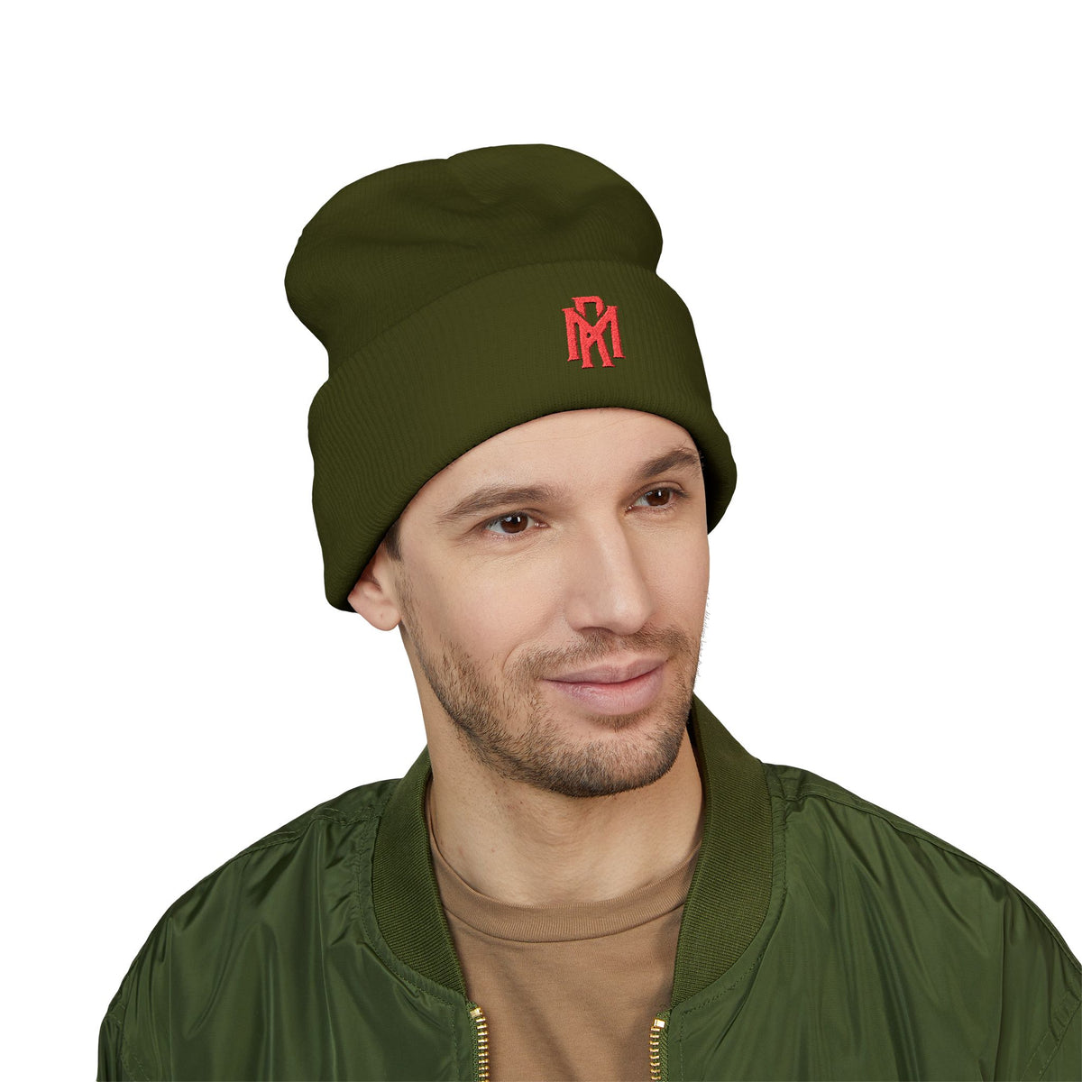 Embroidered Red Monogram Cuffed Beanie — Classic Knit Winter Hat