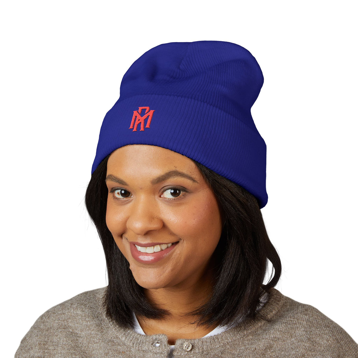 Embroidered Red Monogram Cuffed Beanie — Classic Knit Winter Hat