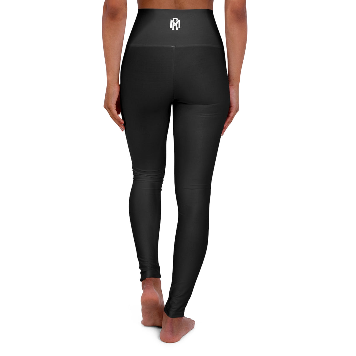 High-Waisted Black Yoga Leggings with Subtle Logo — Compression Activewear