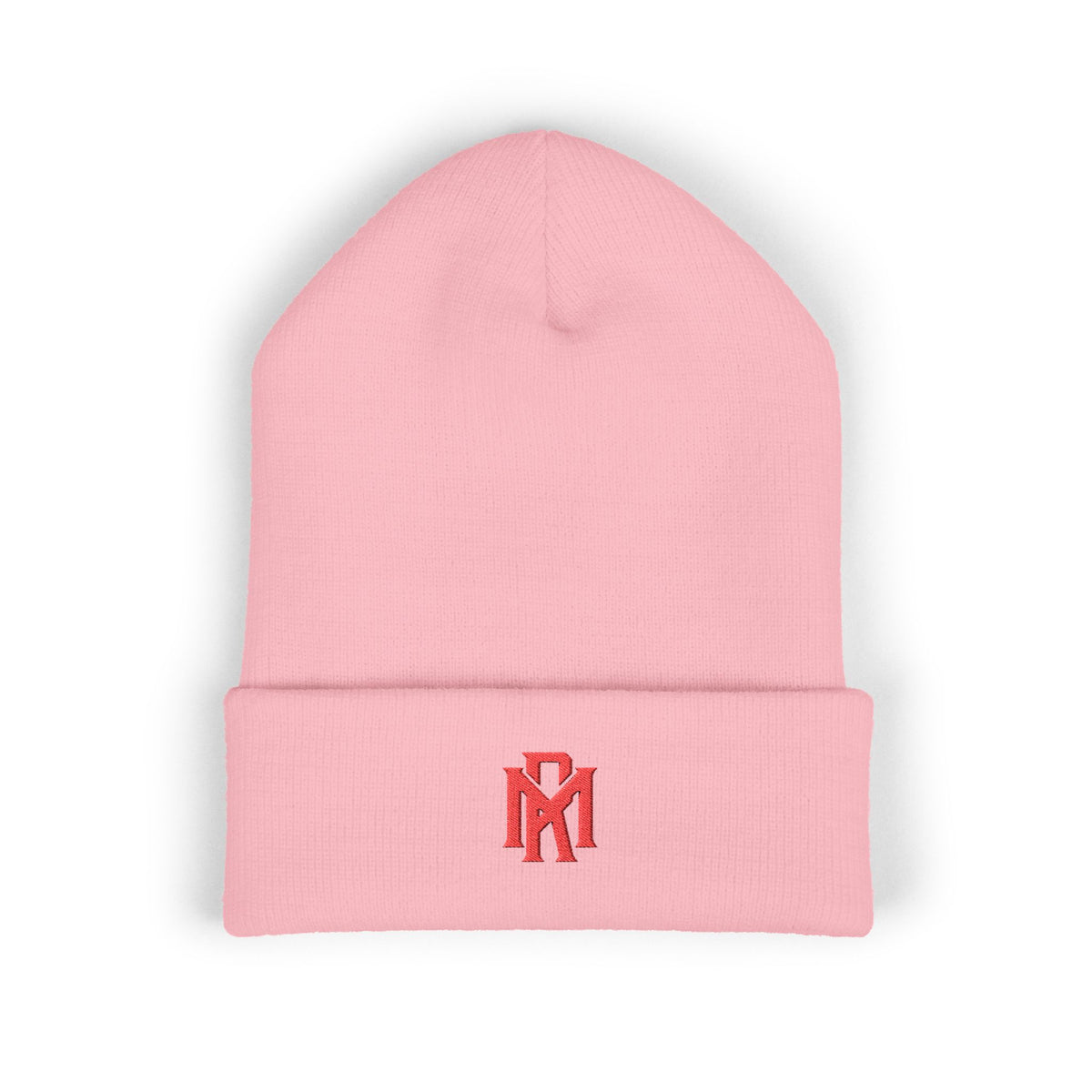 Embroidered Red Monogram Cuffed Beanie — Classic Knit Winter Hat