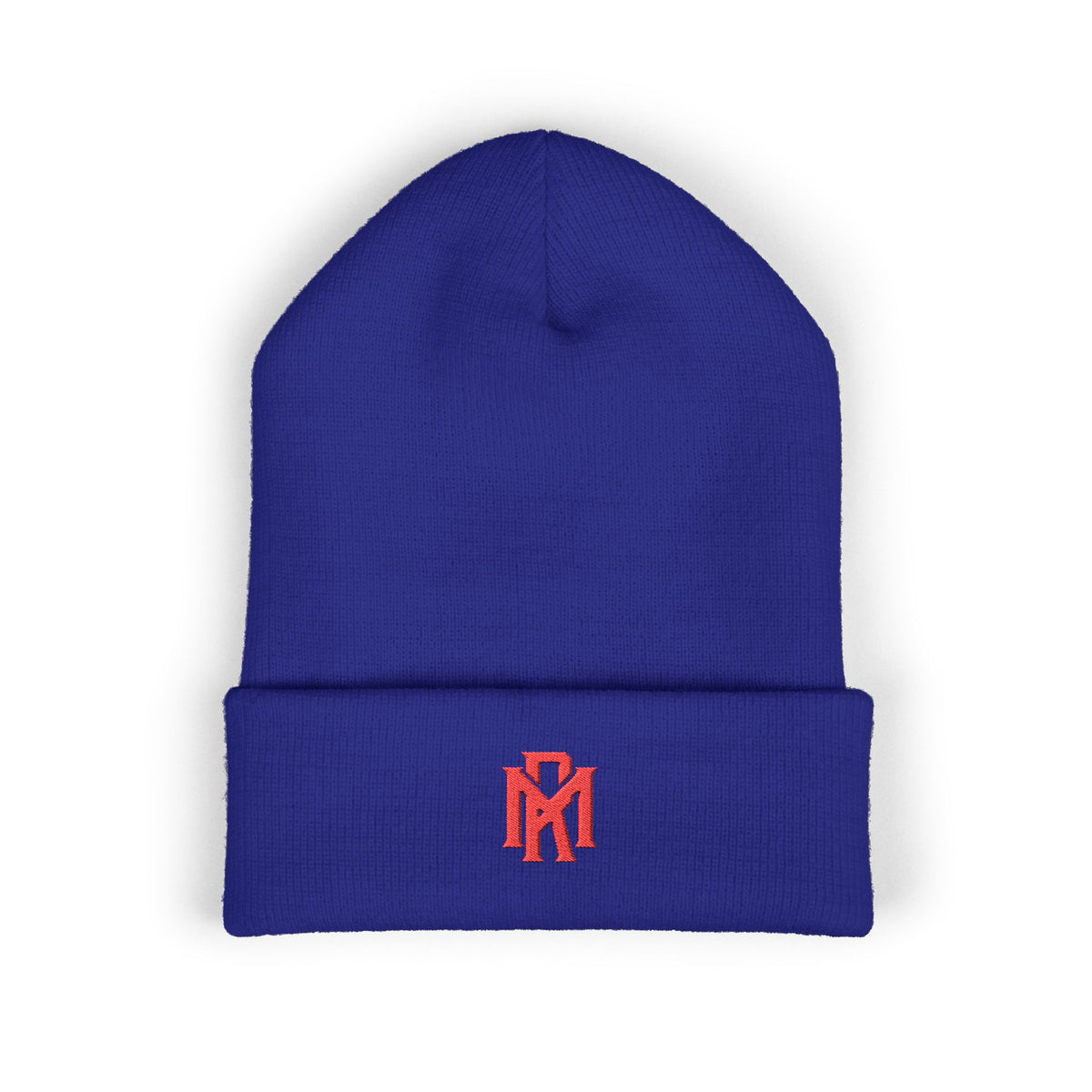 Embroidered Red Monogram Cuffed Beanie — Classic Knit Winter Hat