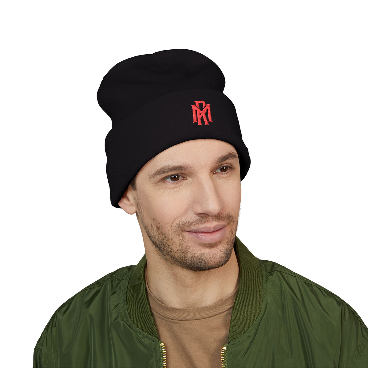 Embroidered Red Monogram Cuffed Beanie — Classic Knit Winter Hat