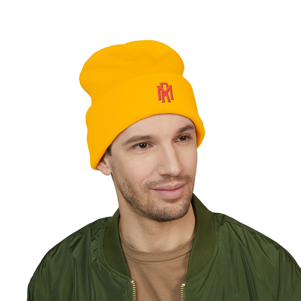 Embroidered Red Monogram Cuffed Beanie — Classic Knit Winter Hat