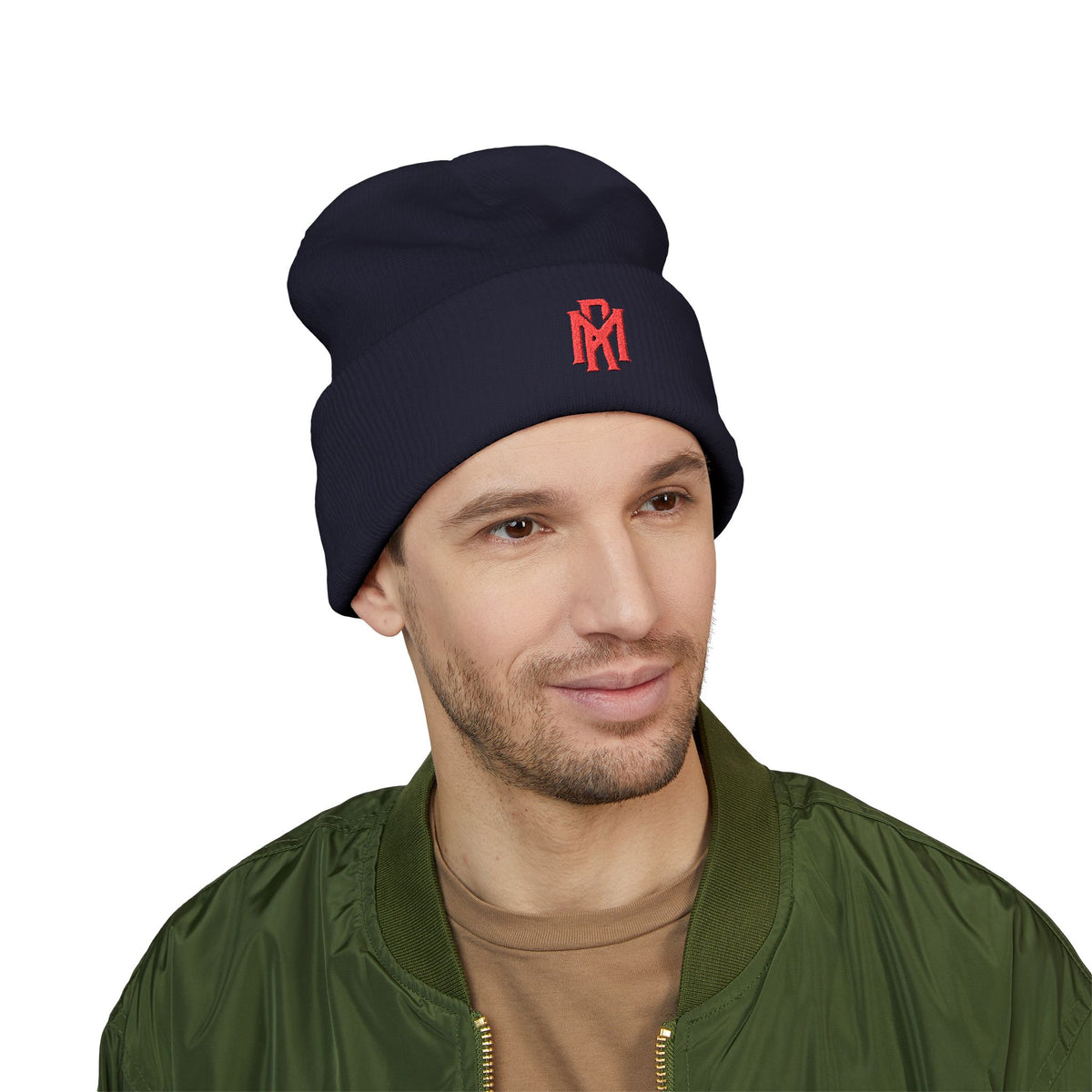 Embroidered Red Monogram Cuffed Beanie — Classic Knit Winter Hat