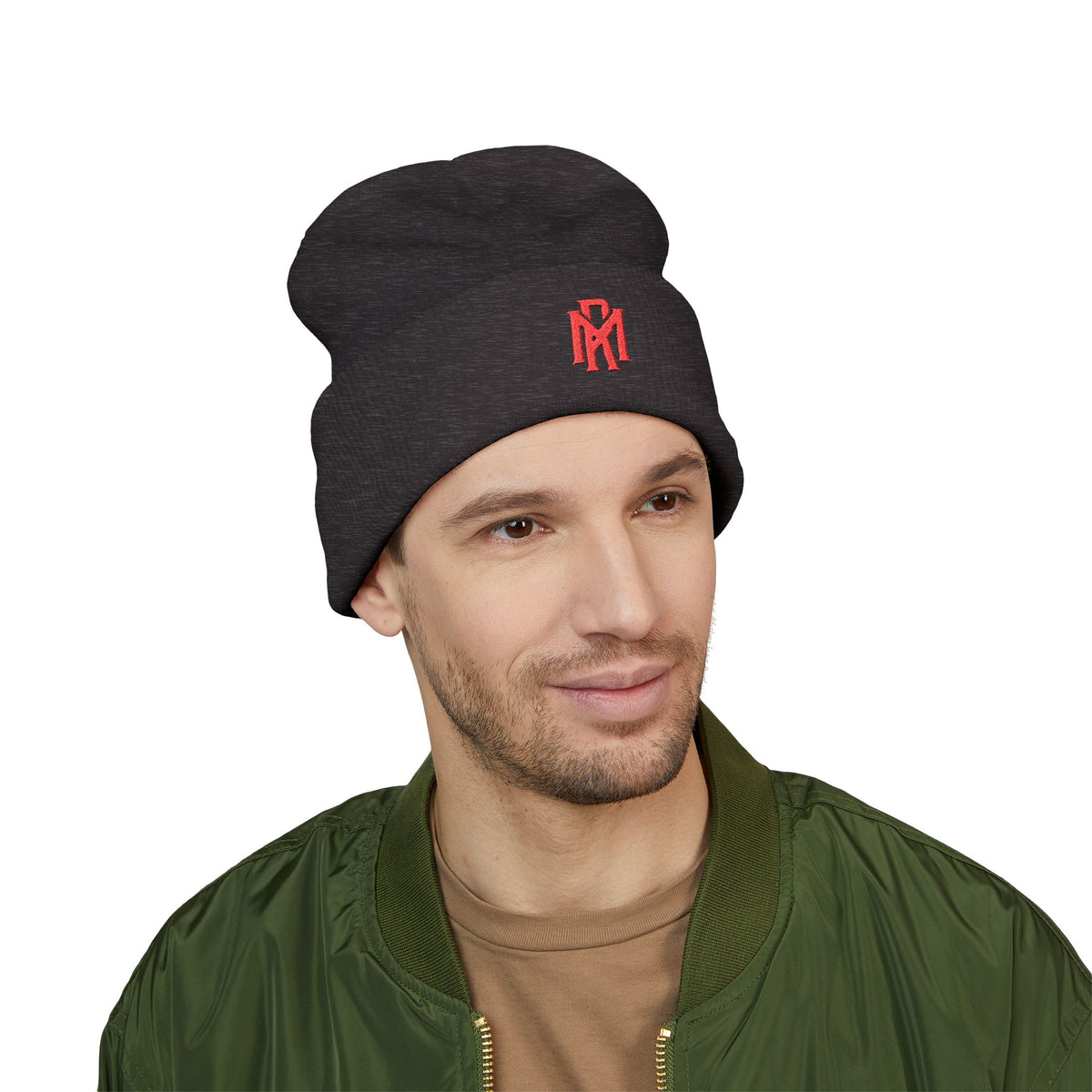 Embroidered Red Monogram Cuffed Beanie — Classic Knit Winter Hat