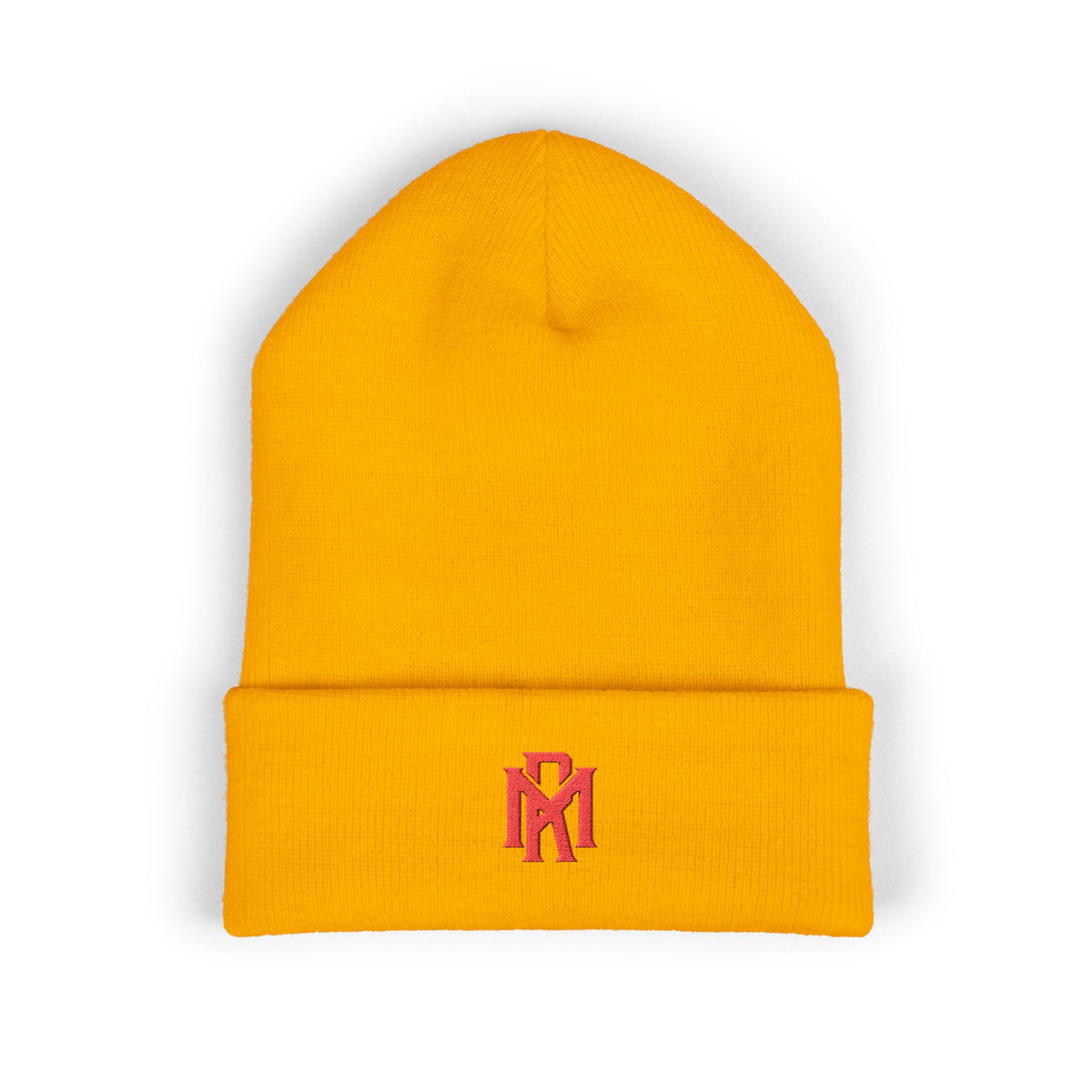 Embroidered Red Monogram Cuffed Beanie — Classic Knit Winter Hat