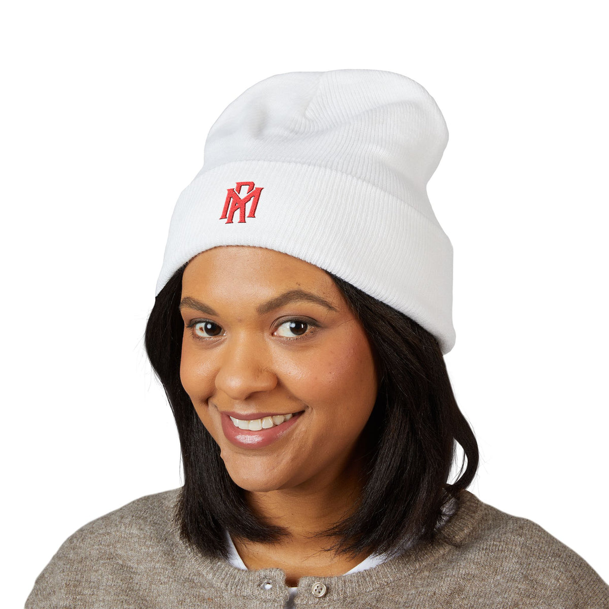 Embroidered Red Monogram Cuffed Beanie — Classic Knit Winter Hat