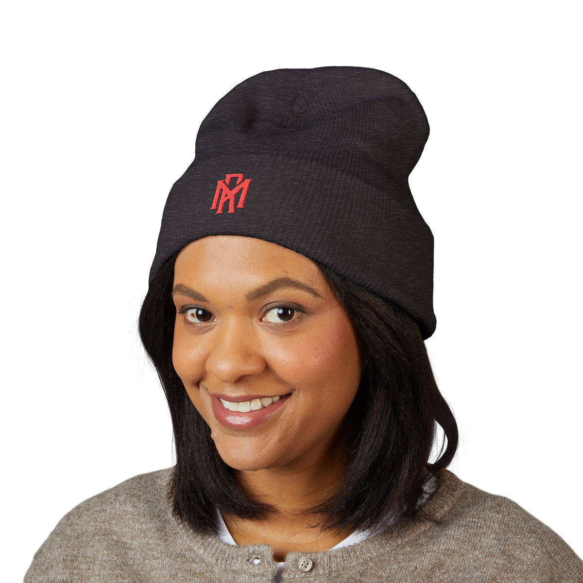 Embroidered Red Monogram Cuffed Beanie — Classic Knit Winter Hat