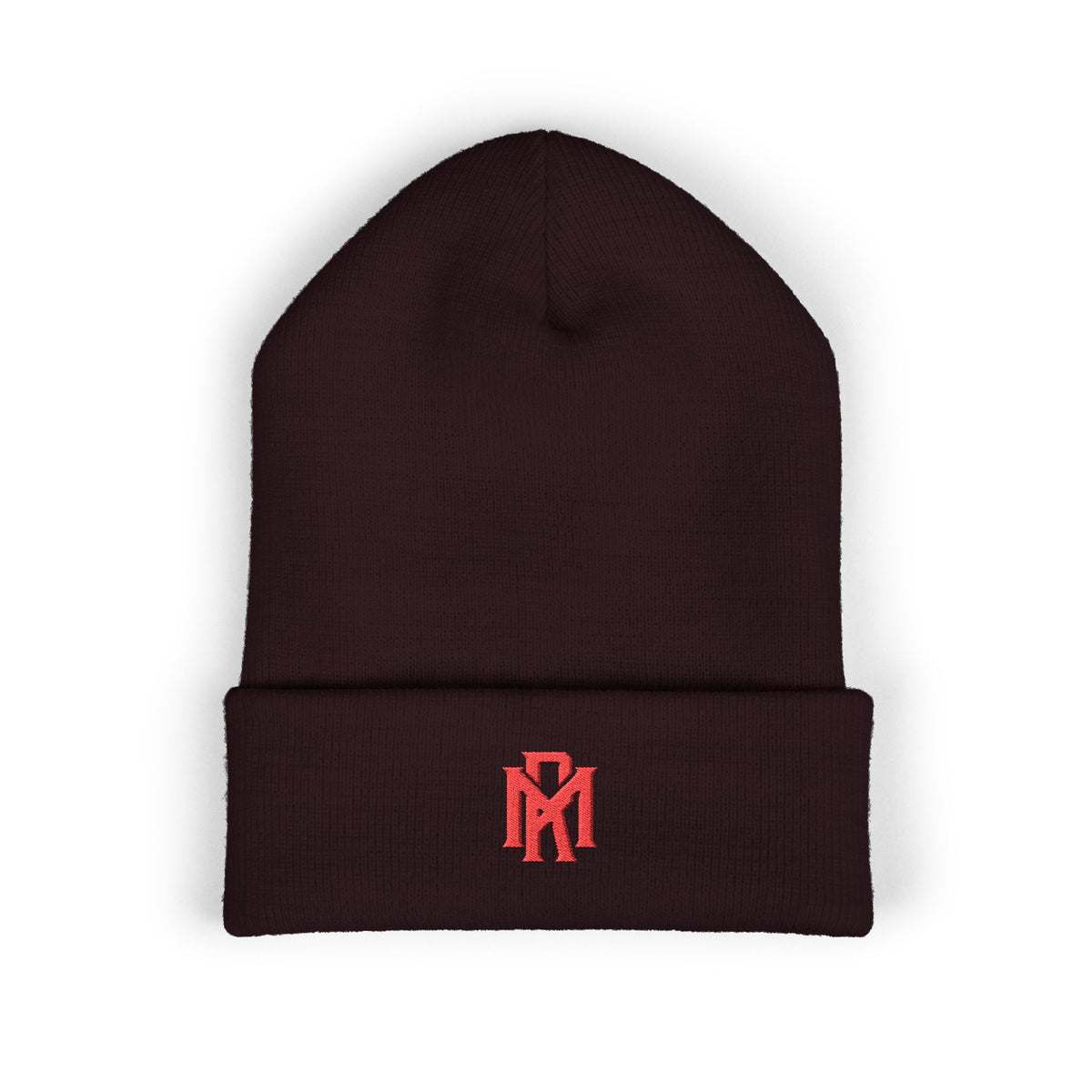 Embroidered Red Monogram Cuffed Beanie — Classic Knit Winter Hat