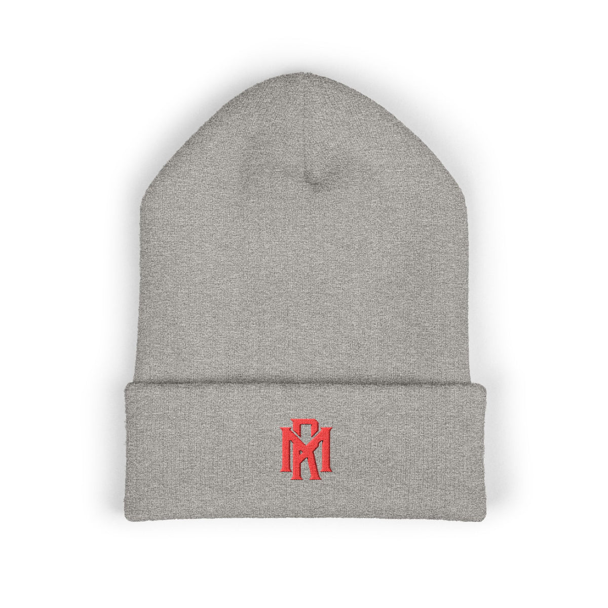 Embroidered Red Monogram Cuffed Beanie — Classic Knit Winter Hat