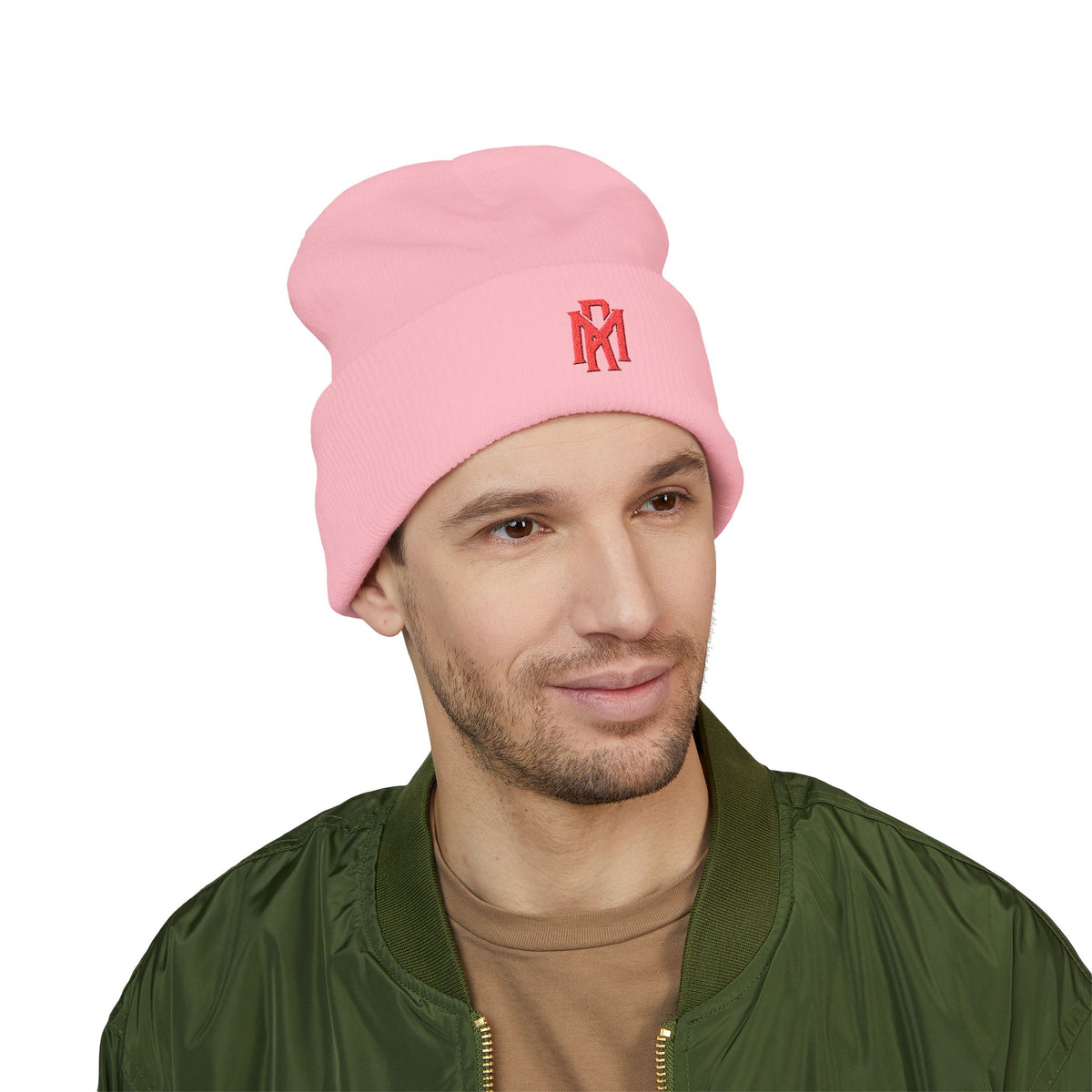Embroidered Red Monogram Cuffed Beanie — Classic Knit Winter Hat