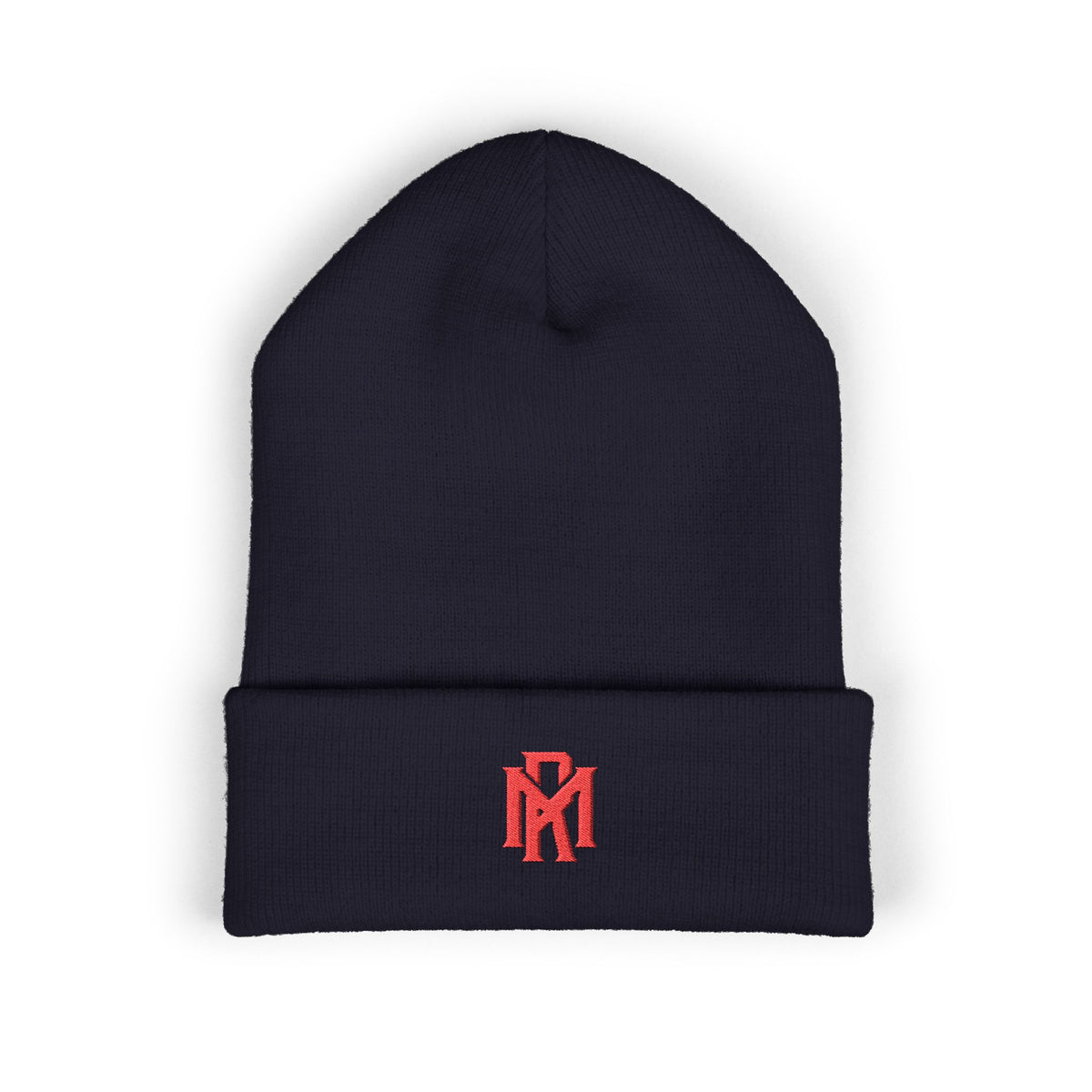 Embroidered Red Monogram Cuffed Beanie — Classic Knit Winter Hat