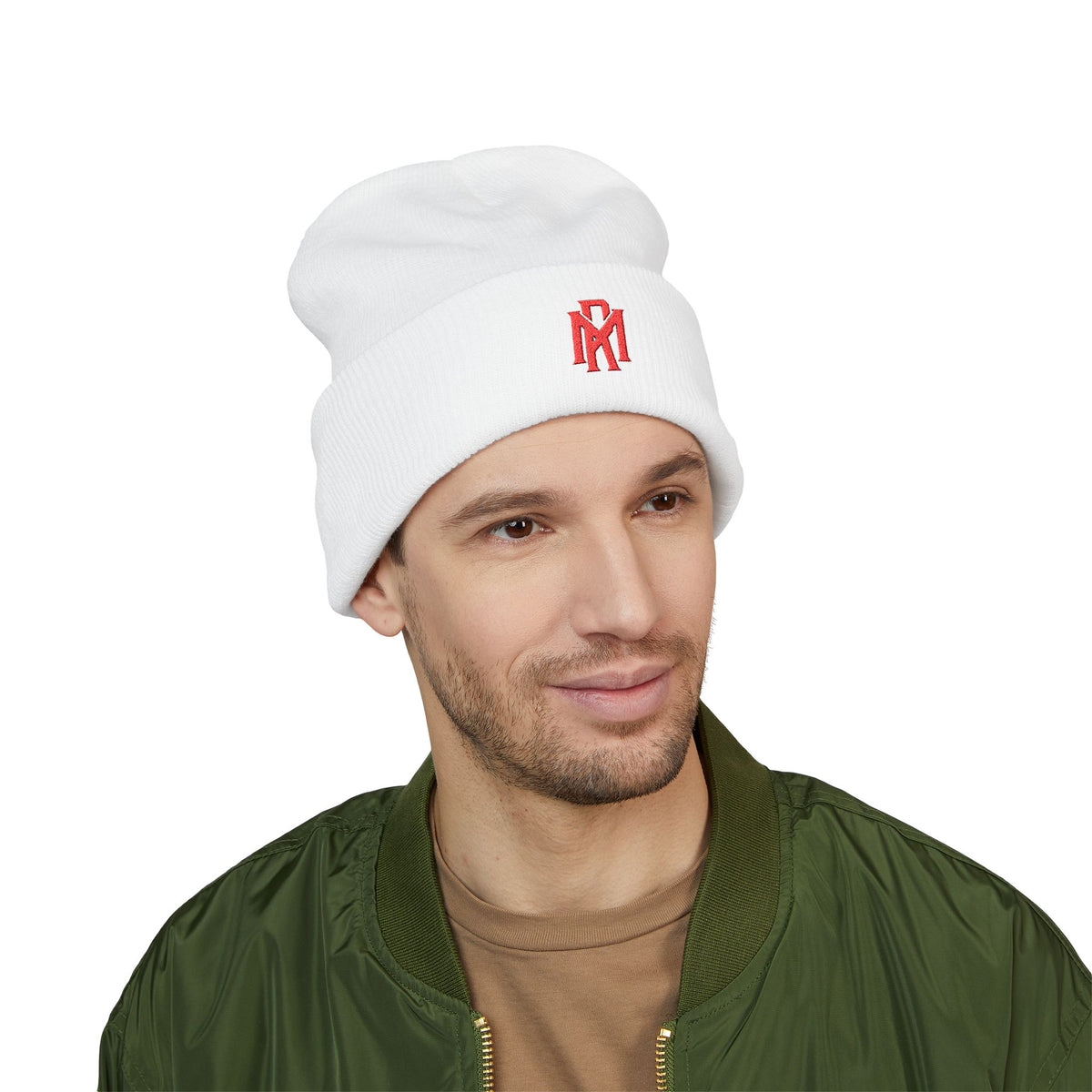 Embroidered Red Monogram Cuffed Beanie — Classic Knit Winter Hat