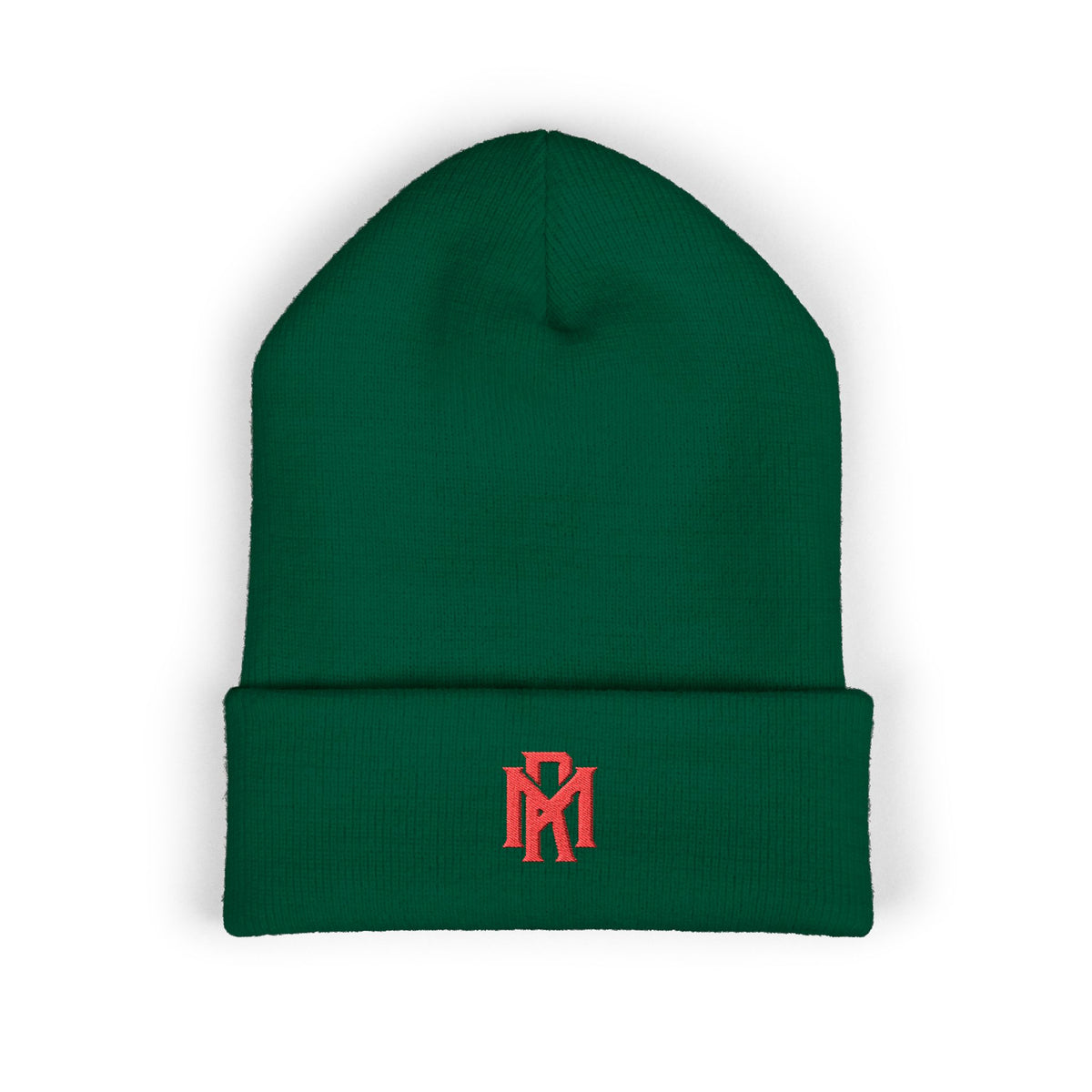 Embroidered Red Monogram Cuffed Beanie — Classic Knit Winter Hat