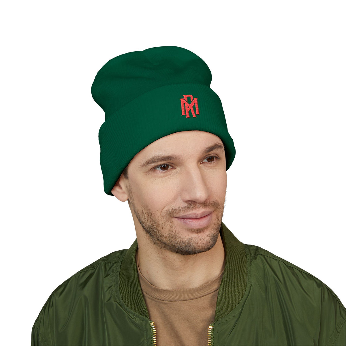 Embroidered Red Monogram Cuffed Beanie — Classic Knit Winter Hat