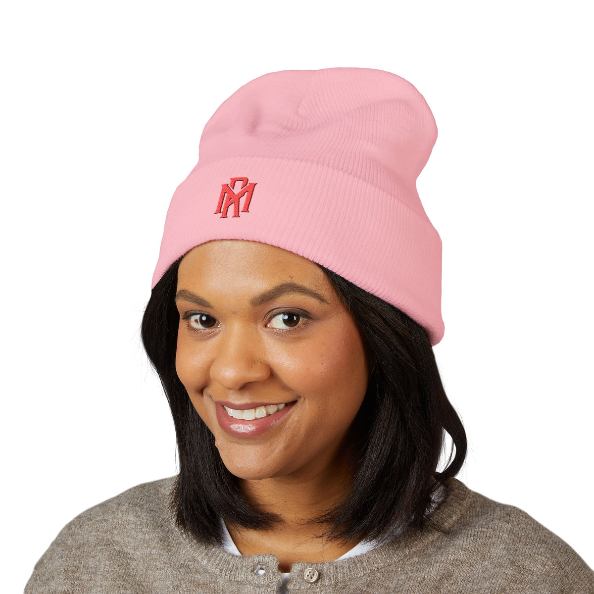 Embroidered Red Monogram Cuffed Beanie — Classic Knit Winter Hat