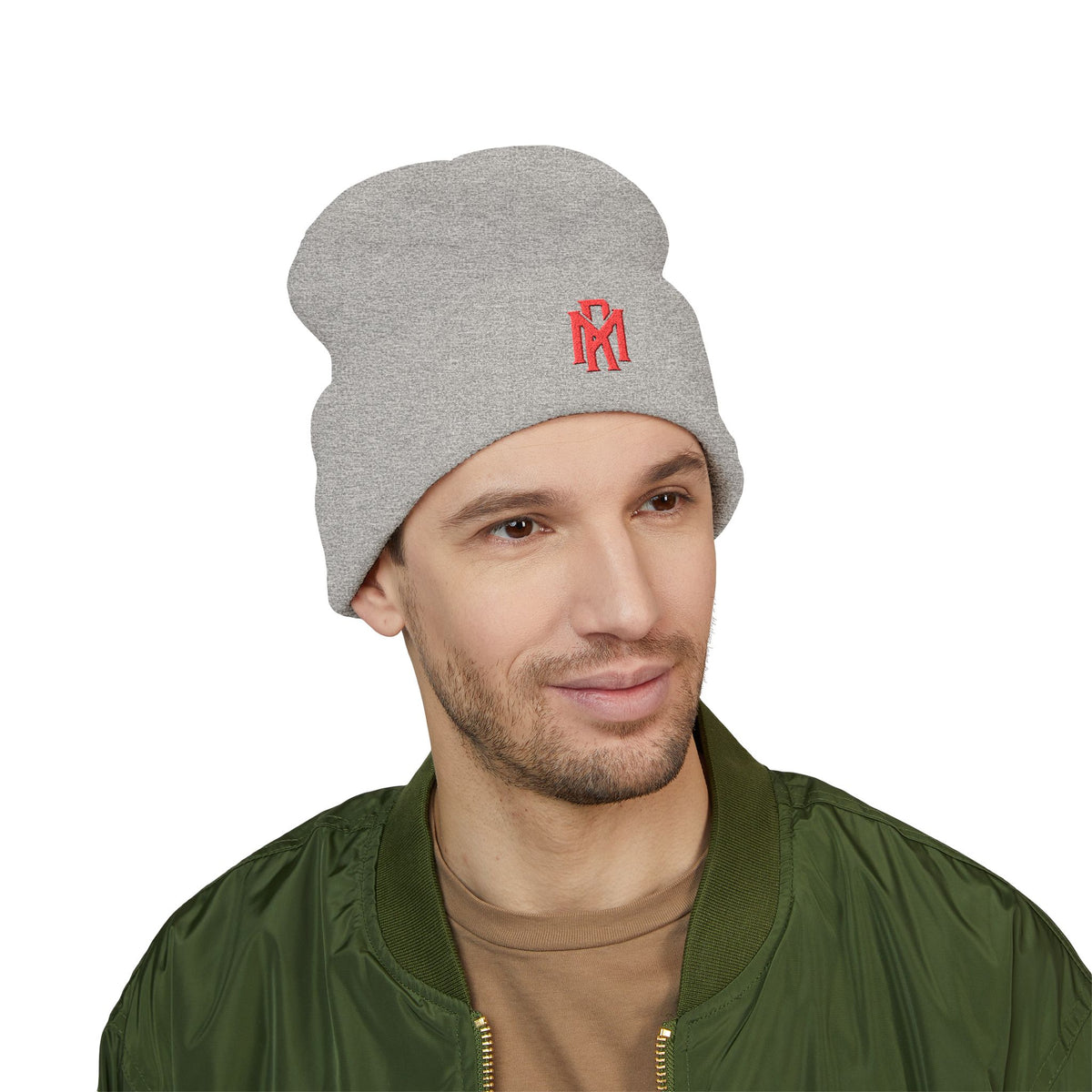 Embroidered Red Monogram Cuffed Beanie — Classic Knit Winter Hat