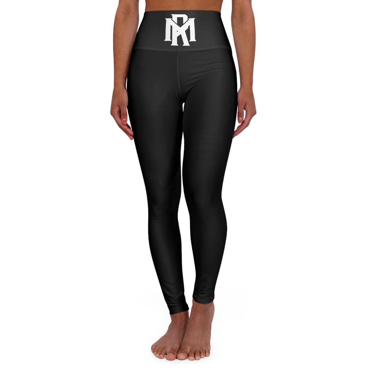 High-Waisted Black Yoga Leggings with Subtle Logo — Compression Activewear